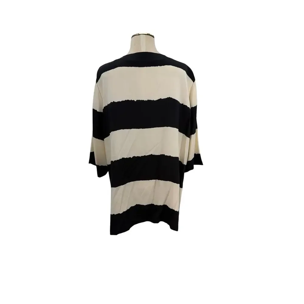 Marina‎ Rinaldi Silk Stripe Button Front Top Black Ivory Italy US 16 25